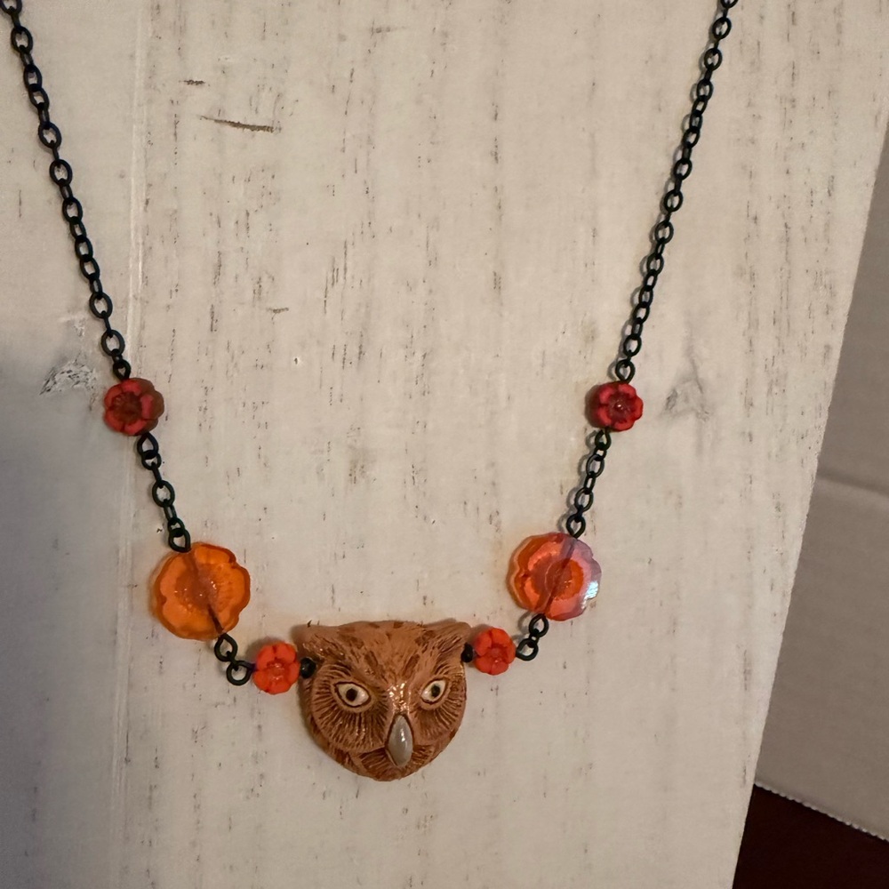 Halloween Owl Pendant Necklace with Orange and Accent. Beads